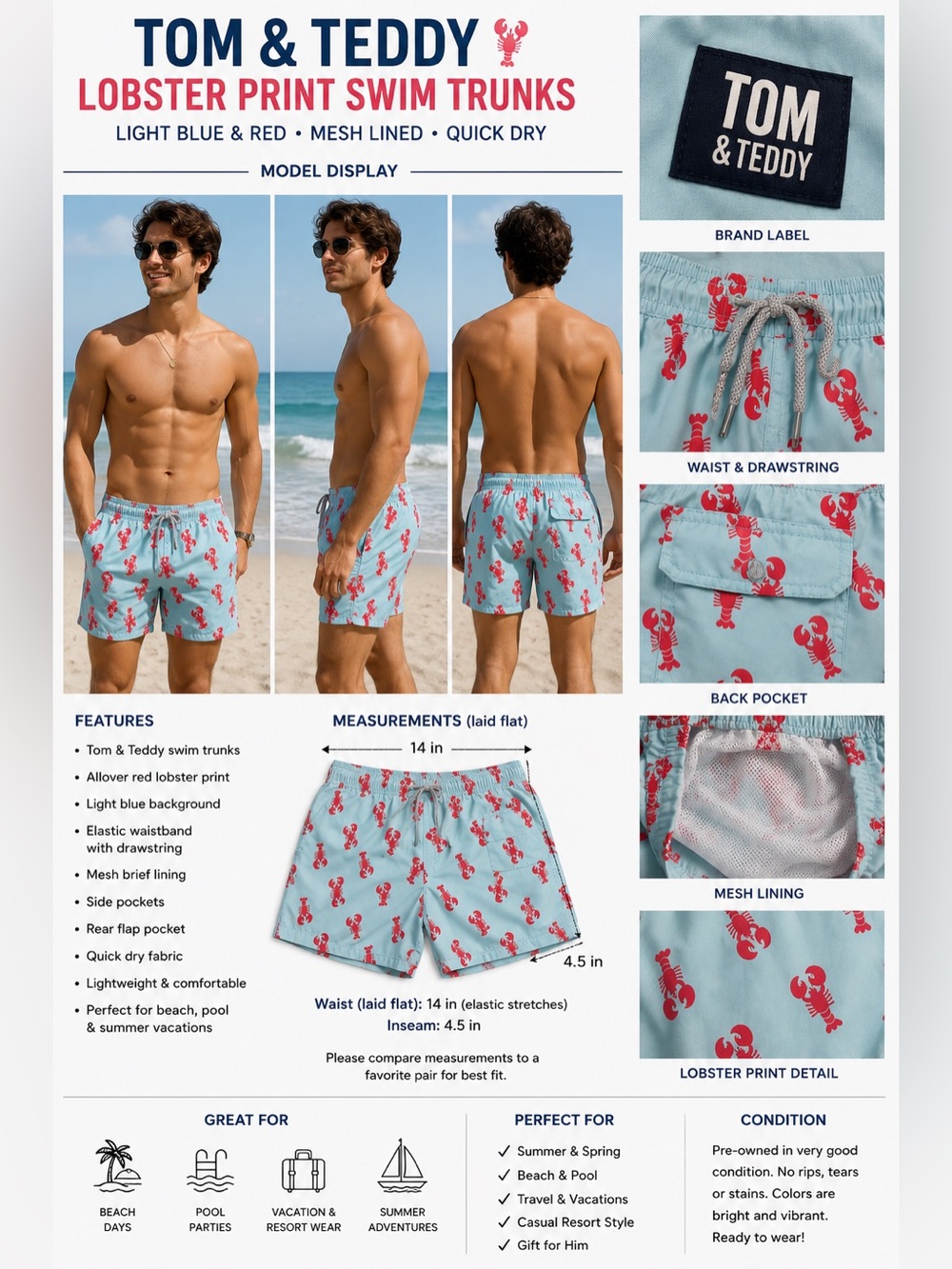 Tom & Teddy Men's Lobster Print Swim Trunks Light Blue Red Lined Size Small